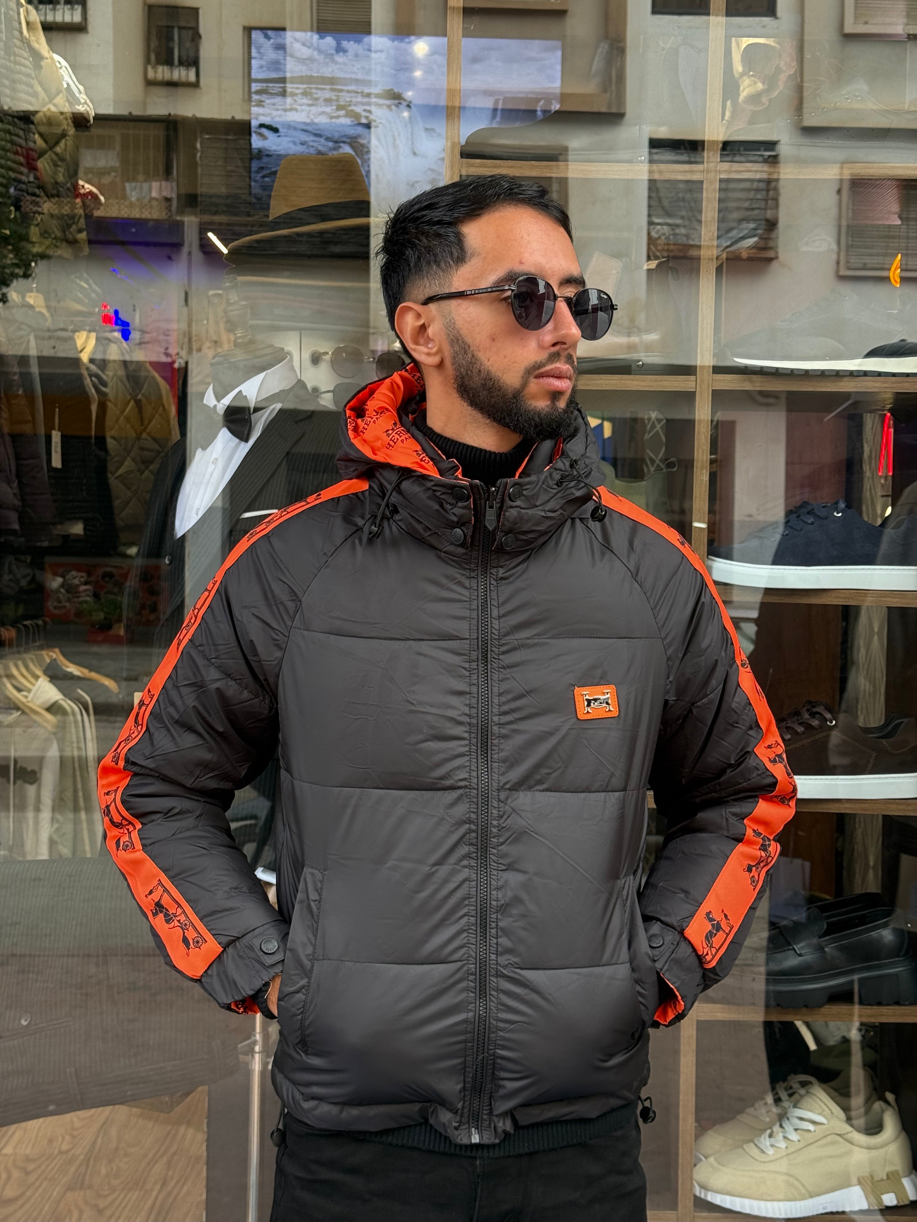 Veste Double Face Matelassée Noir & Orange Homme – Style Urbain Dynamique
